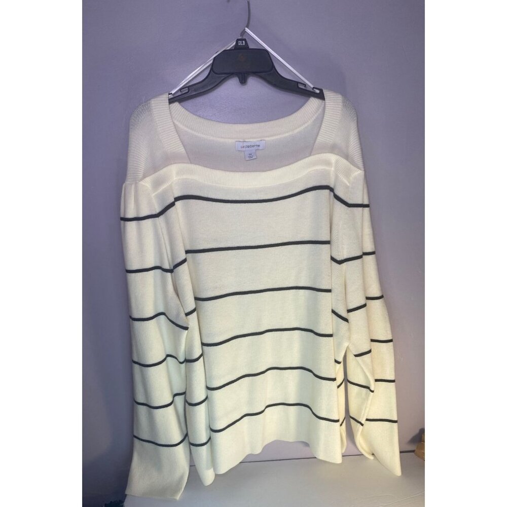 Liz Claiborne Womens 3X Cream & Black Striped‎ Sweater Square Neck Stretchy